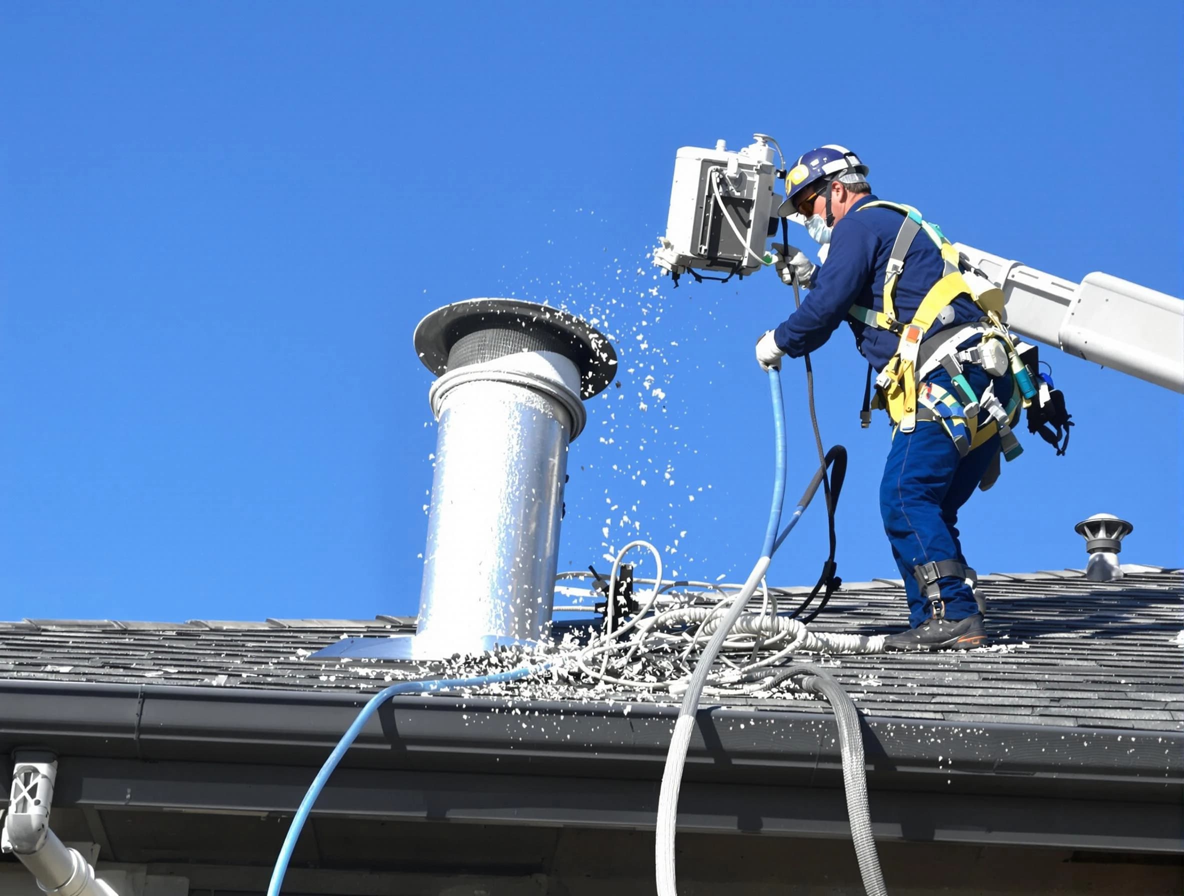 Tucker Dryer Vent Cleaning certified technician safely cleaning a roof-mounted dryer vent in Tucker