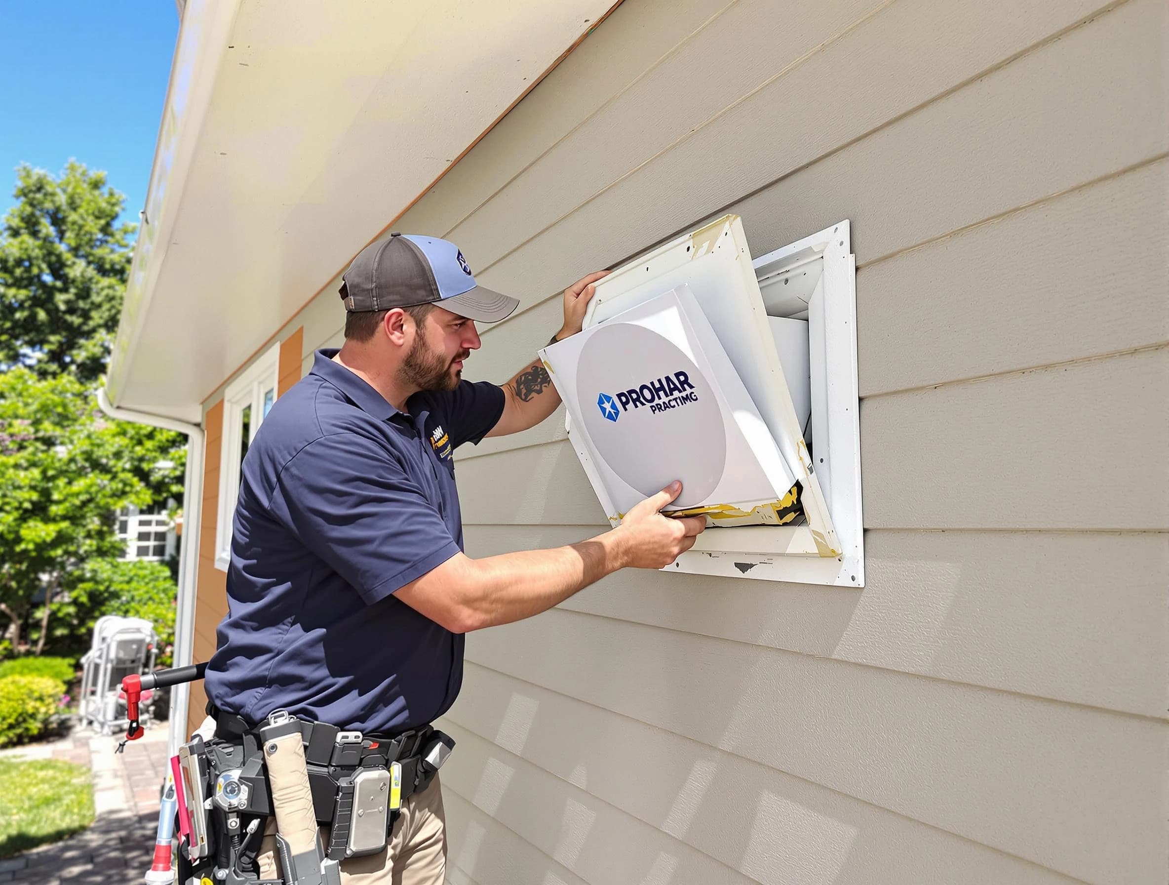 Tucker Dryer Vent Cleaning technician installing a new protective dryer vent cover on a home in Tucker