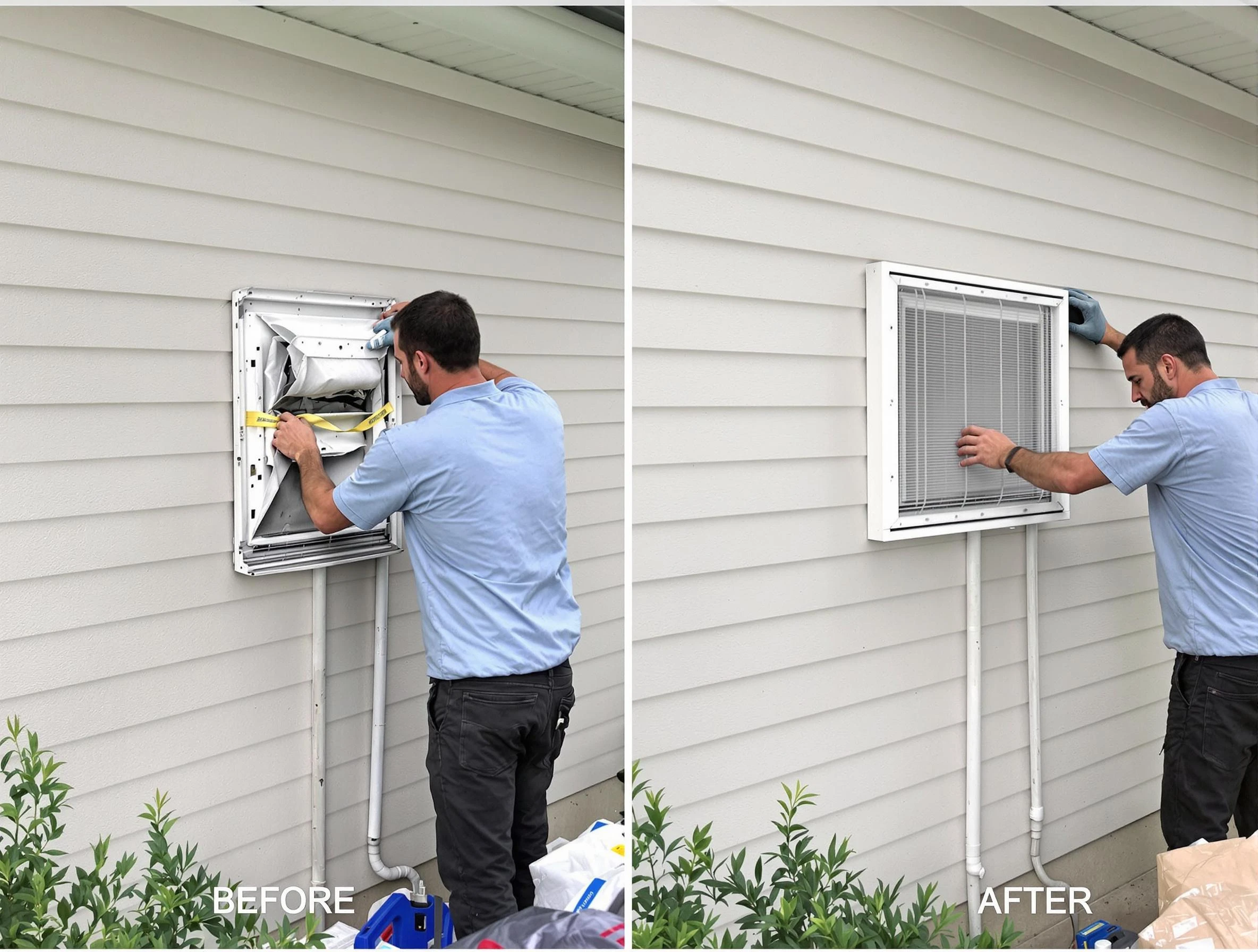 Tucker Dryer Vent Cleaning technician installing high-quality dryer vent cover at a residential property in Tucker
